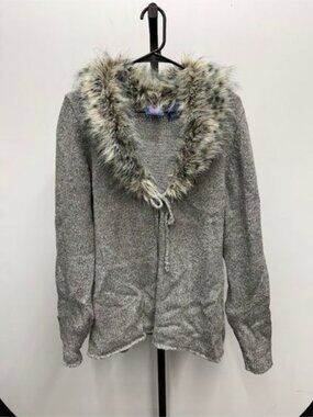 Next Era Vintage Y2K Gray Knit Cardigan with Faux Fur Collar